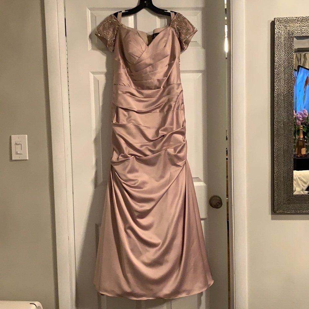La Femme Satin OTS Dress with Beaded Sleeves